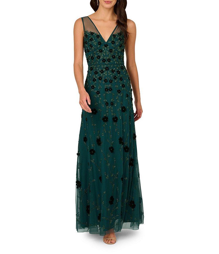 Adrianna Papell Beaded 3D Floral Mesh V-Neck Sleeveless Gown product image