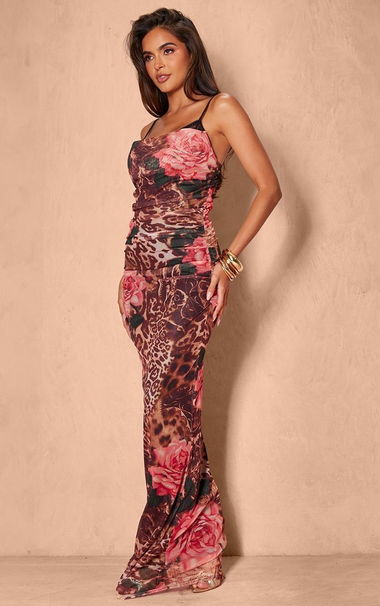 Pink Floral Leopard Print Mesh Cowl Neck Lace Cup Detail Maxi Dress Product Image