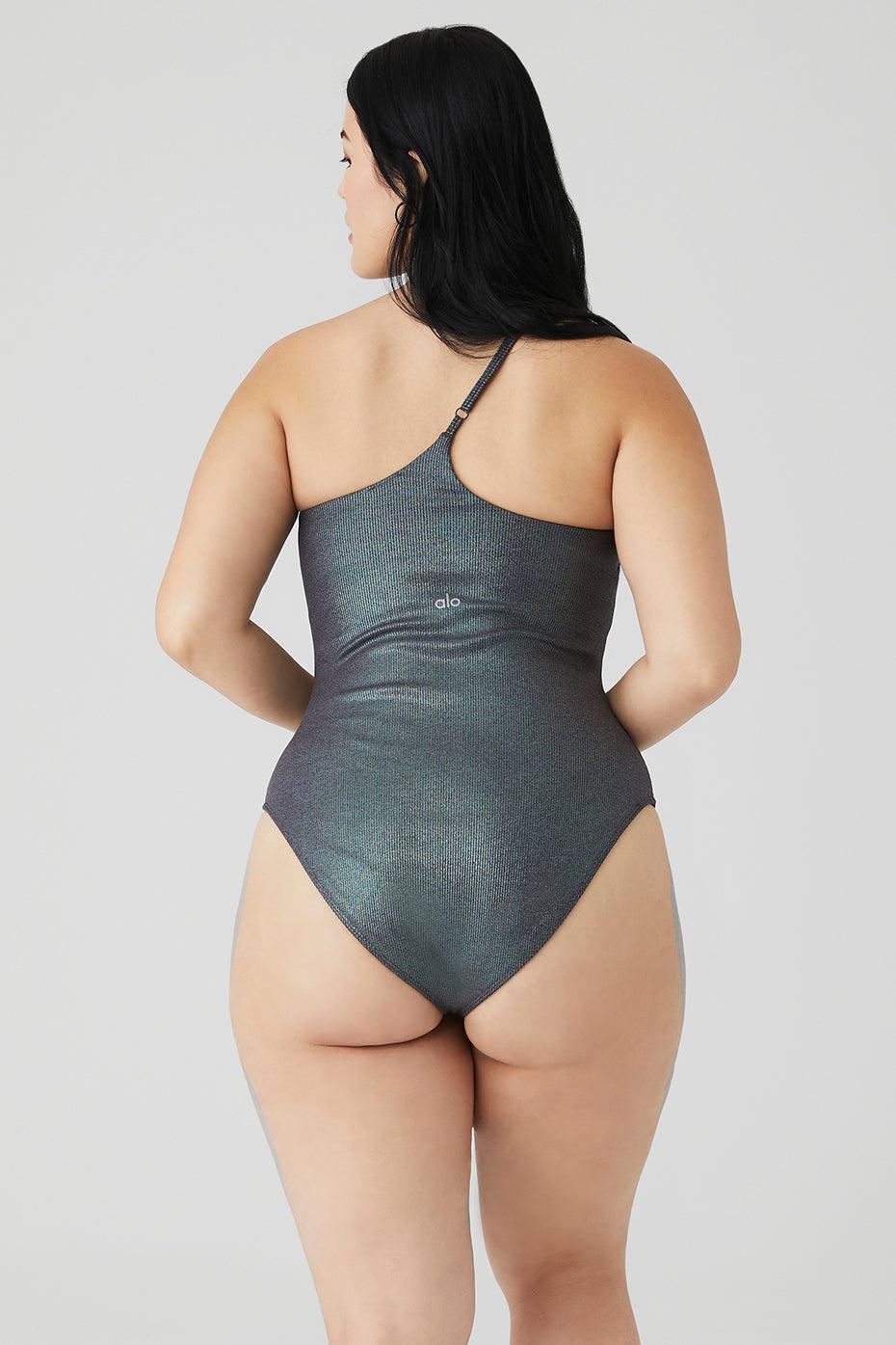 Alosoft Ribbed Shimmer Plie Bodysuit - Dark Grey Iridescent Product Image