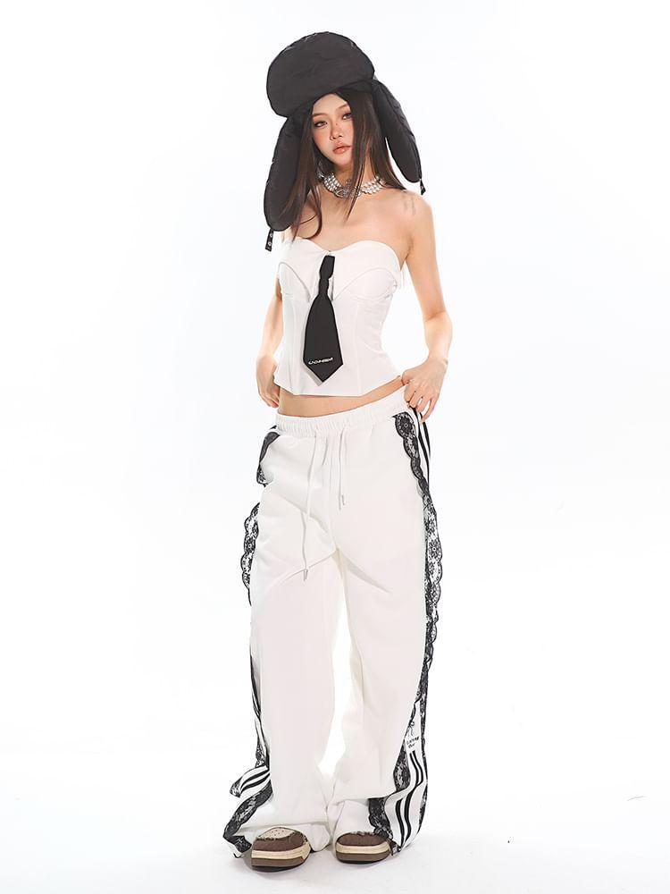 Drawstring Waist Striped Panel Lace Wide Leg Sweatpants Product Image