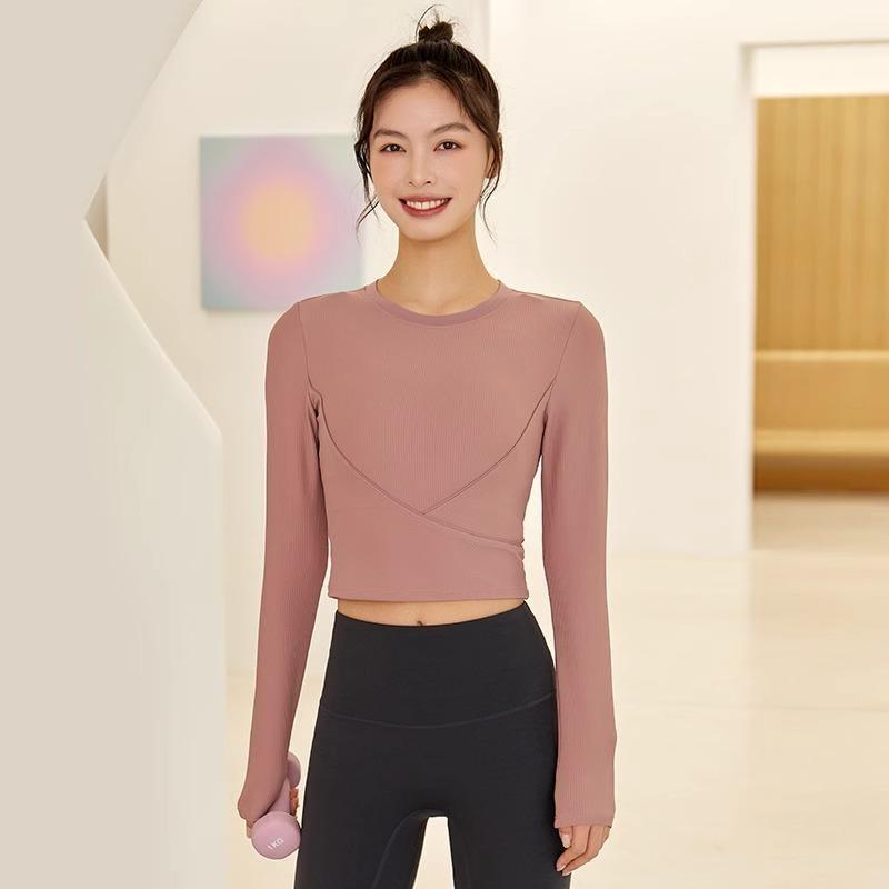 Long-Sleeve Crew Neck Plain Ribbed Crop Sports T-Shirt Product Image