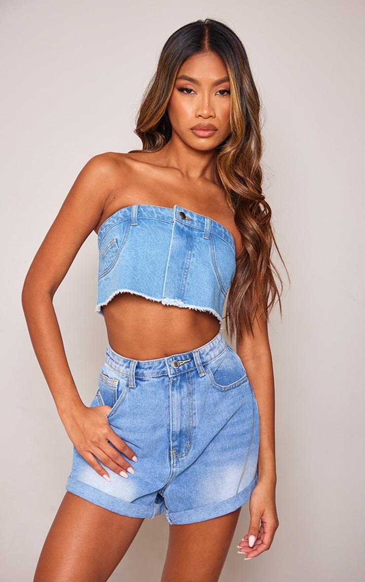 Light Blue Jean Detail Raw Hem Denim Bandeau Top Product Image