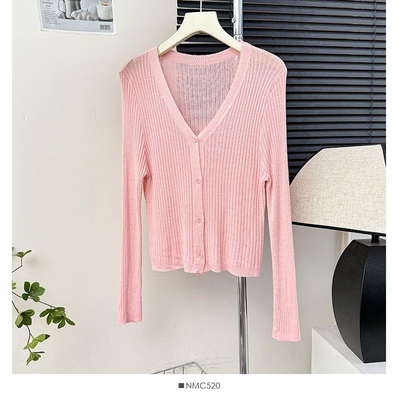 Long-Sleeve V-Neck Ribbed Light Cardigan in 9 Colors Product Image