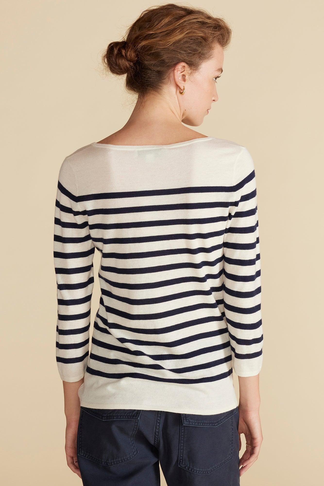 Fran Boatneck Striped Cashmere Sweater - Ivory and Navy Blue Stripe Product Image