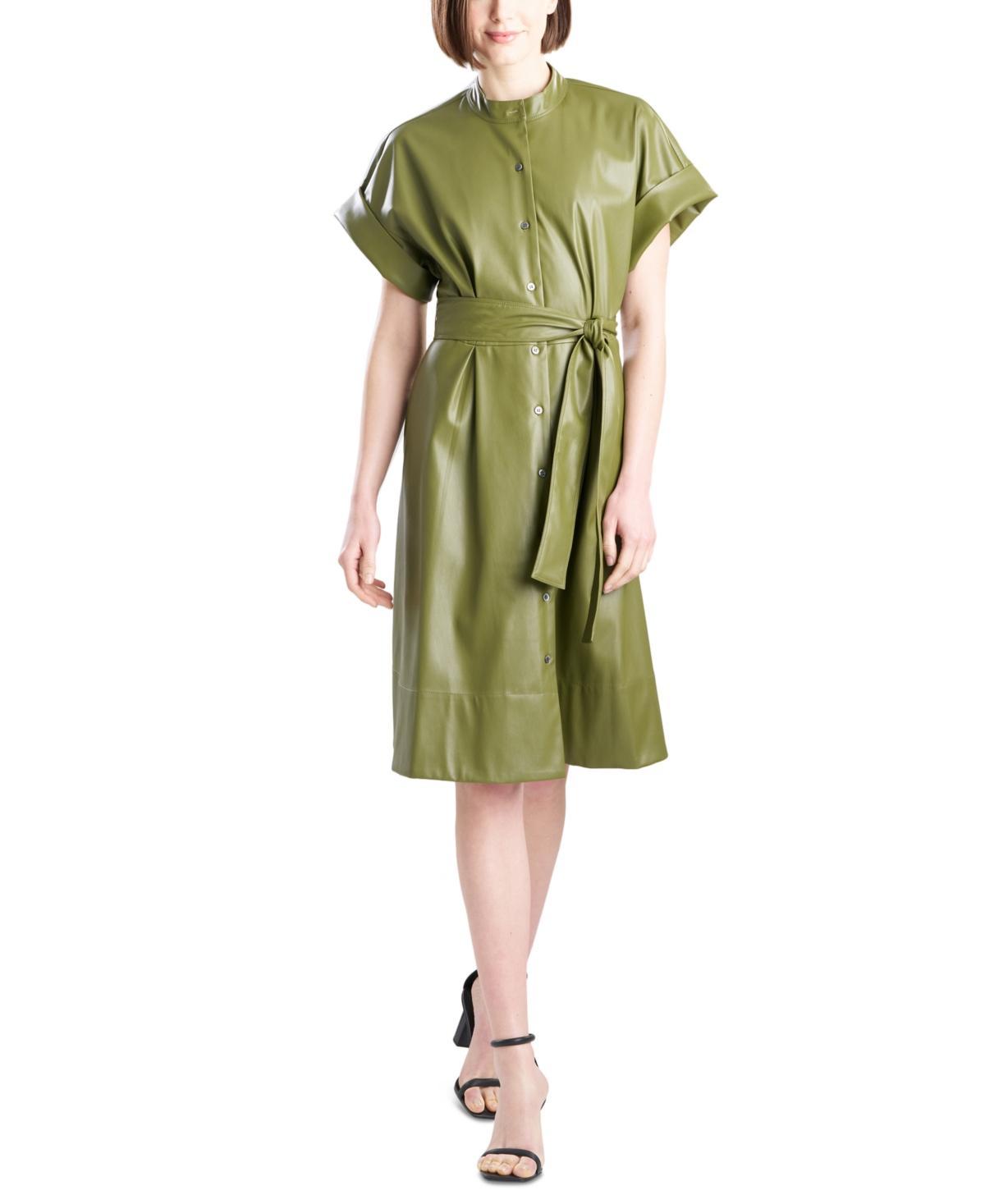 Natori Womens Faux-Leather Belted Fit & Flare Dress Product Image