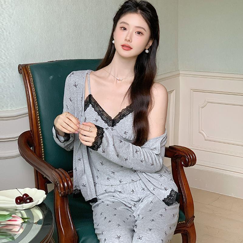 Pajama Set: Bow Print Lace Trim Camisole Top + Light Jacket + Pants Product Image