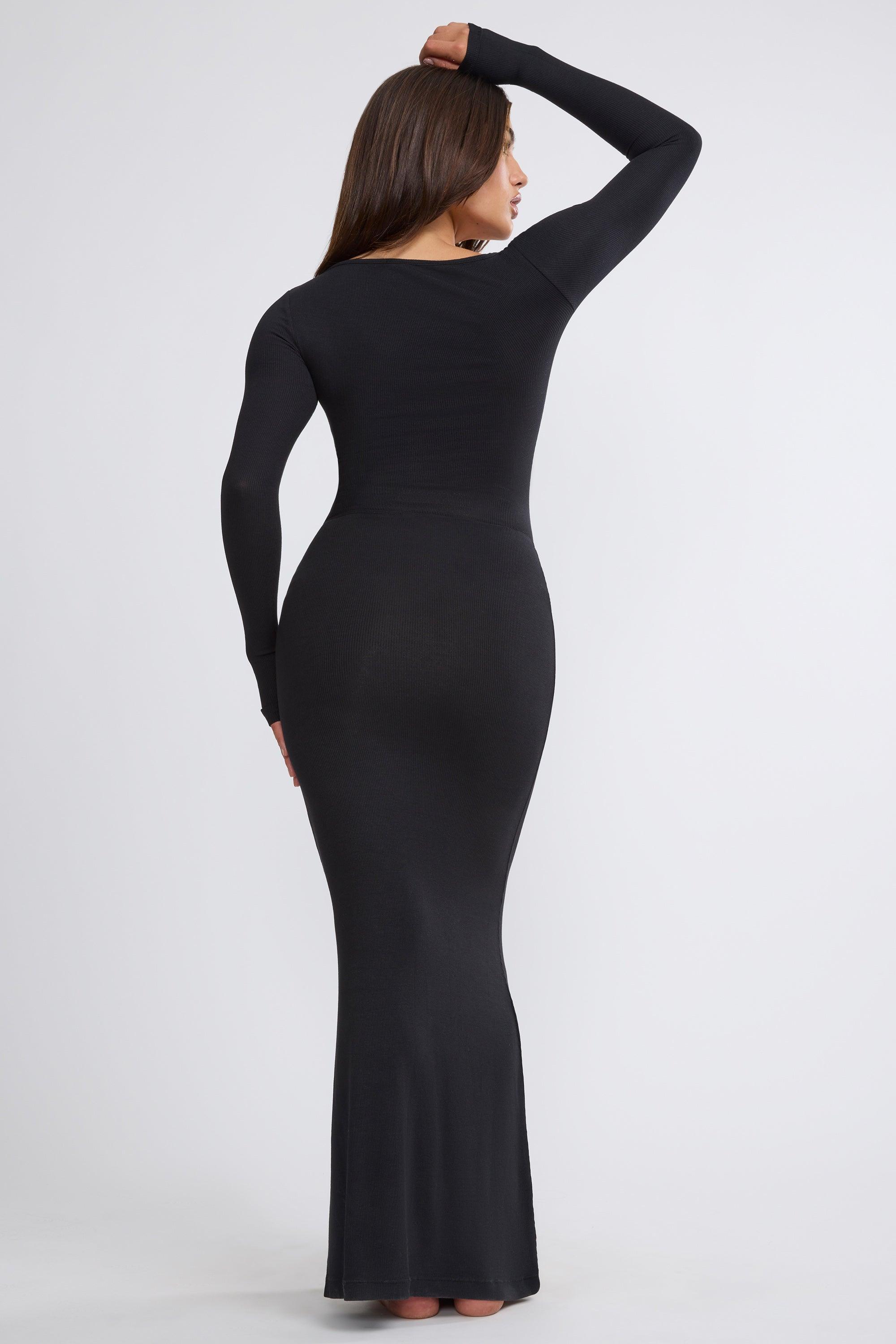 Ribbed Modal Square Neck Long Sleeve Top in Black Product Image