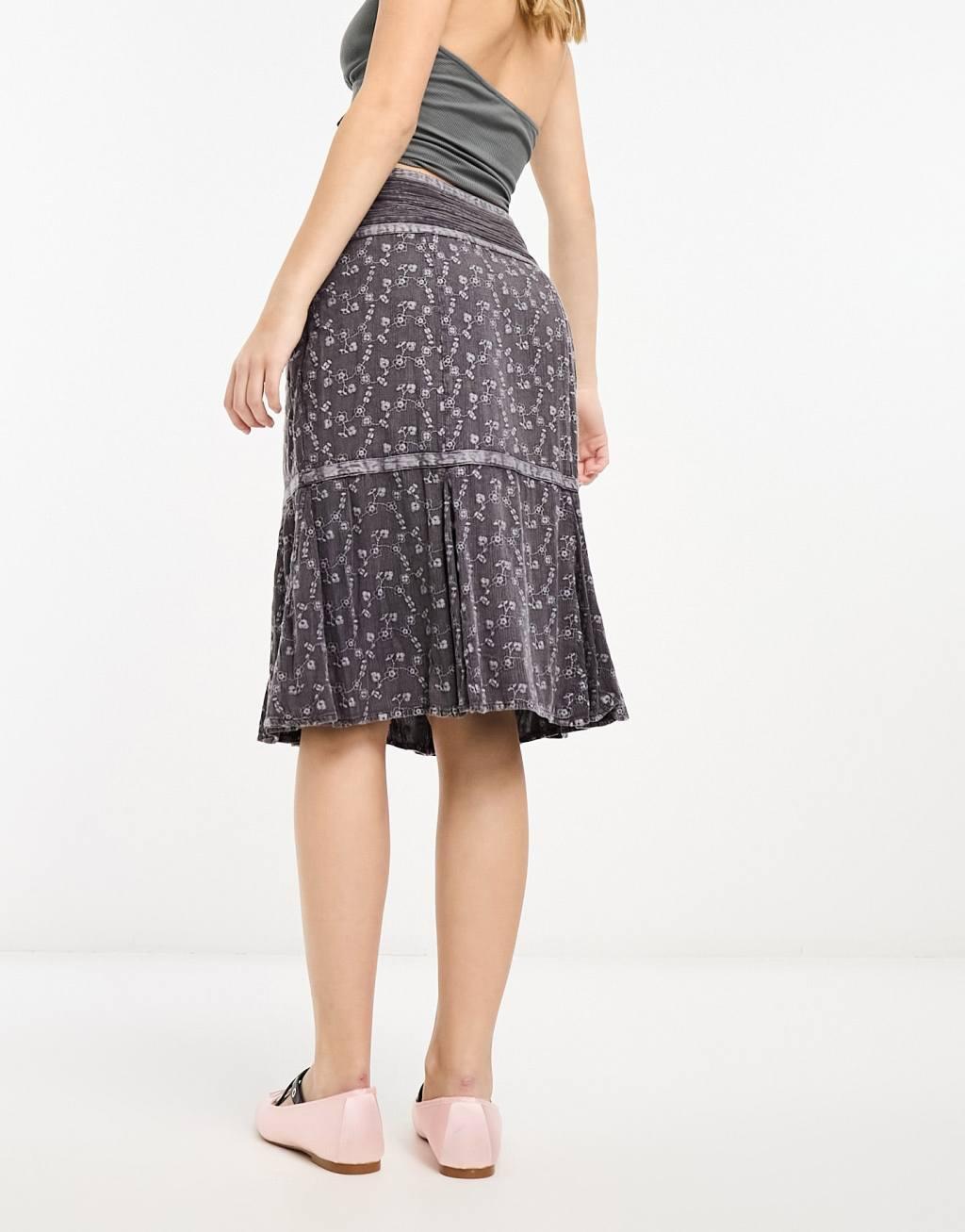 Reclaimed Vintage washed midi skirt with ribbon and bow detail-Gray Product Image