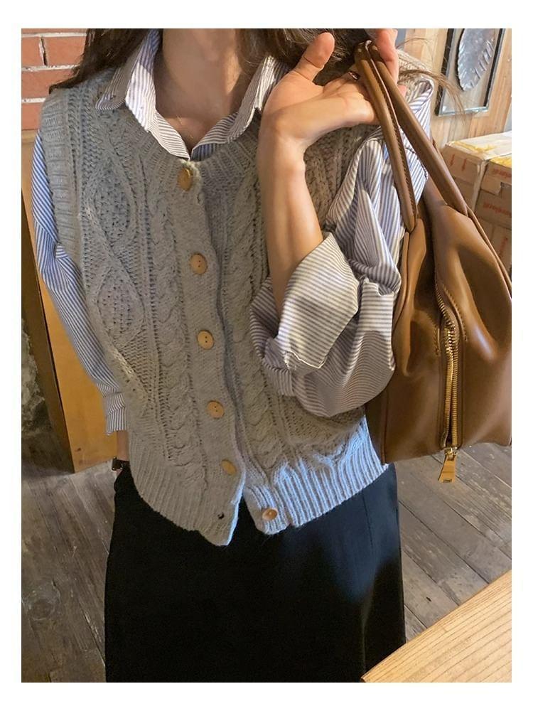 Crew Neck Plain Cable Knit Button Sweater Vest Product Image