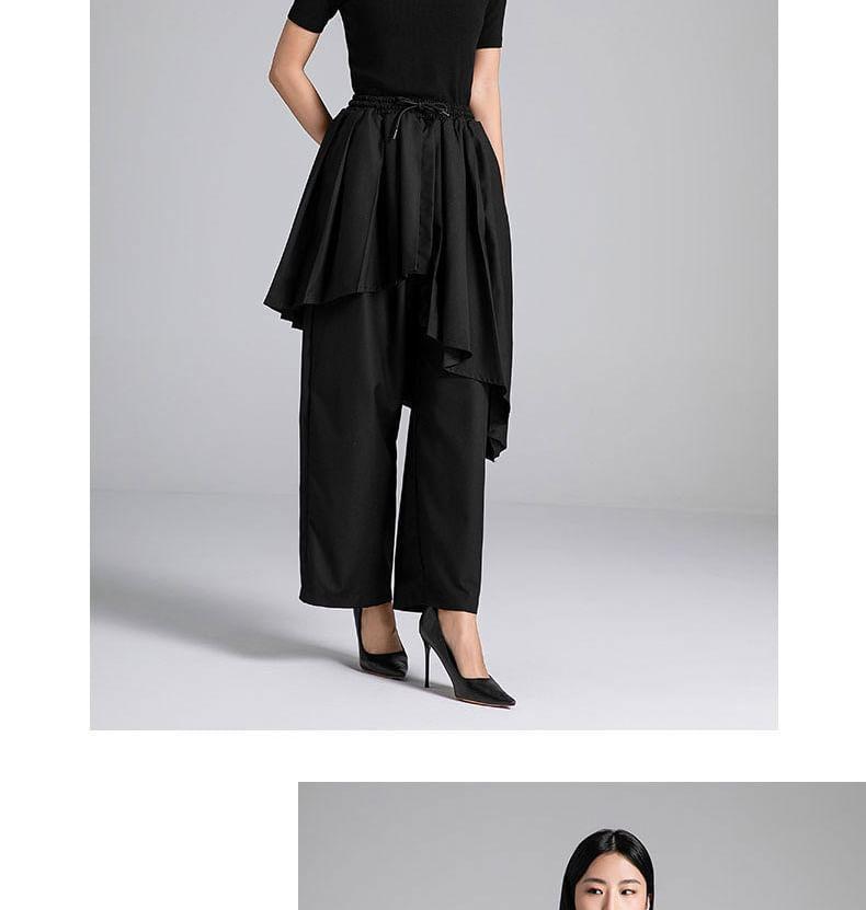 Drawstring Waist Mock Two-Piece Plain Asymmetrical Pleated Panel Wide Leg Pants Product Image