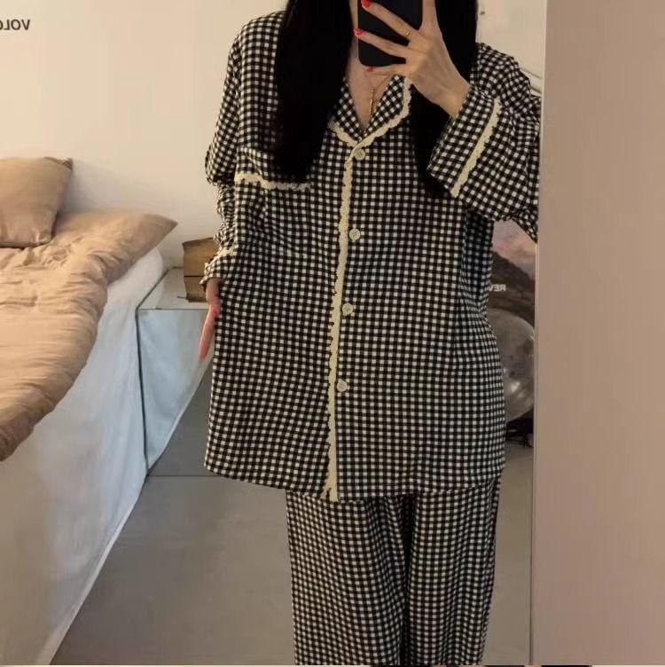 Pajama Set: Gingham Lace Trim Shirt + Pants Product Image