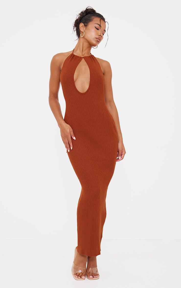 Rust Fine Knit Halterneck Maxi Dress Product Image