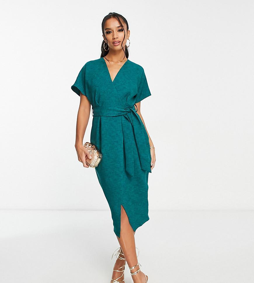 Closet London Petite belted tie waist mini dress in emerald green Product Image