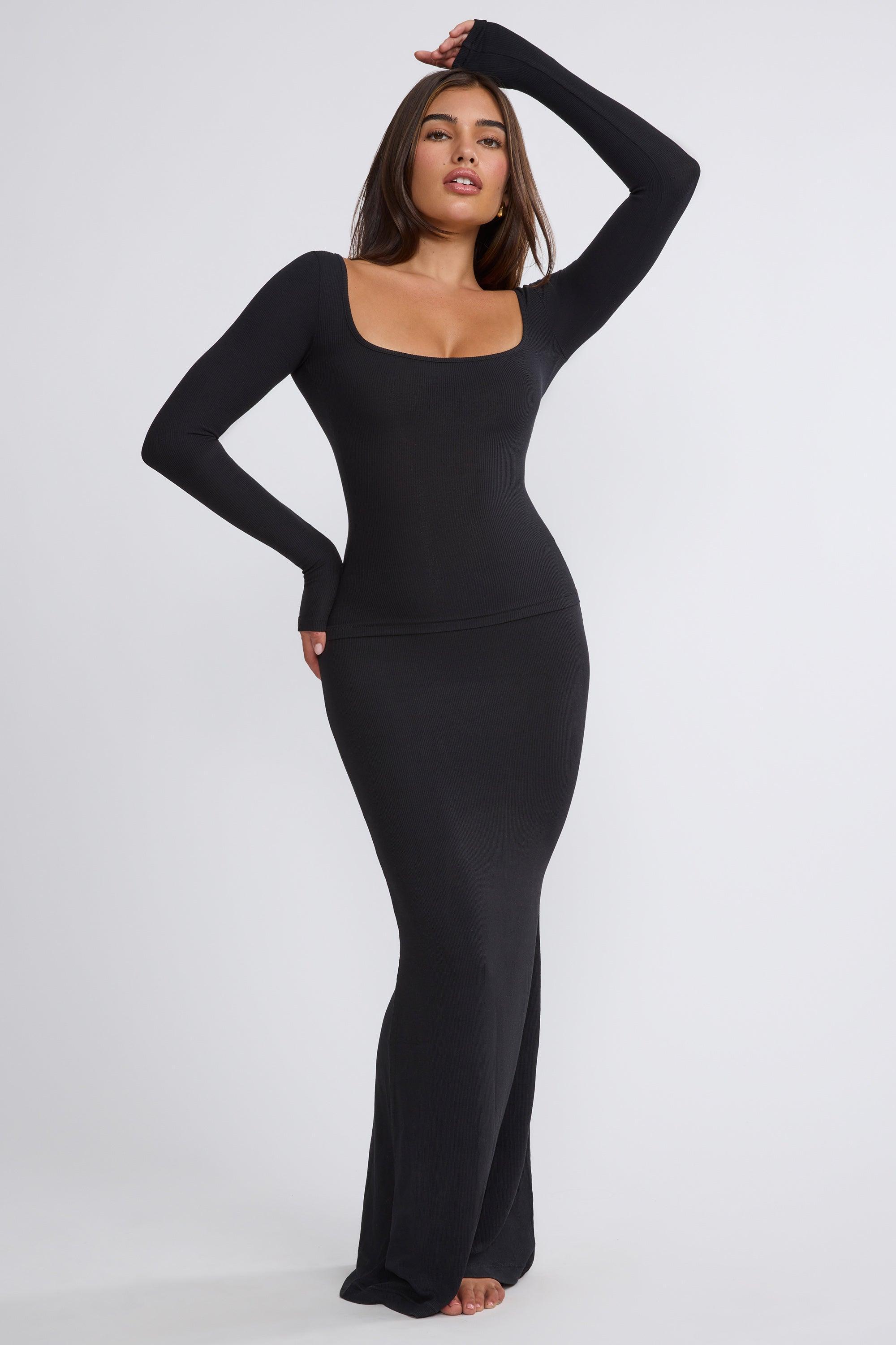 Ribbed Modal Square Neck Long Sleeve Top in Black Product Image