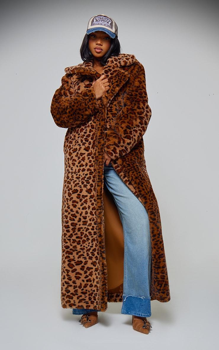 Brown Leopard Faux Fur Maxi Coat Product Image