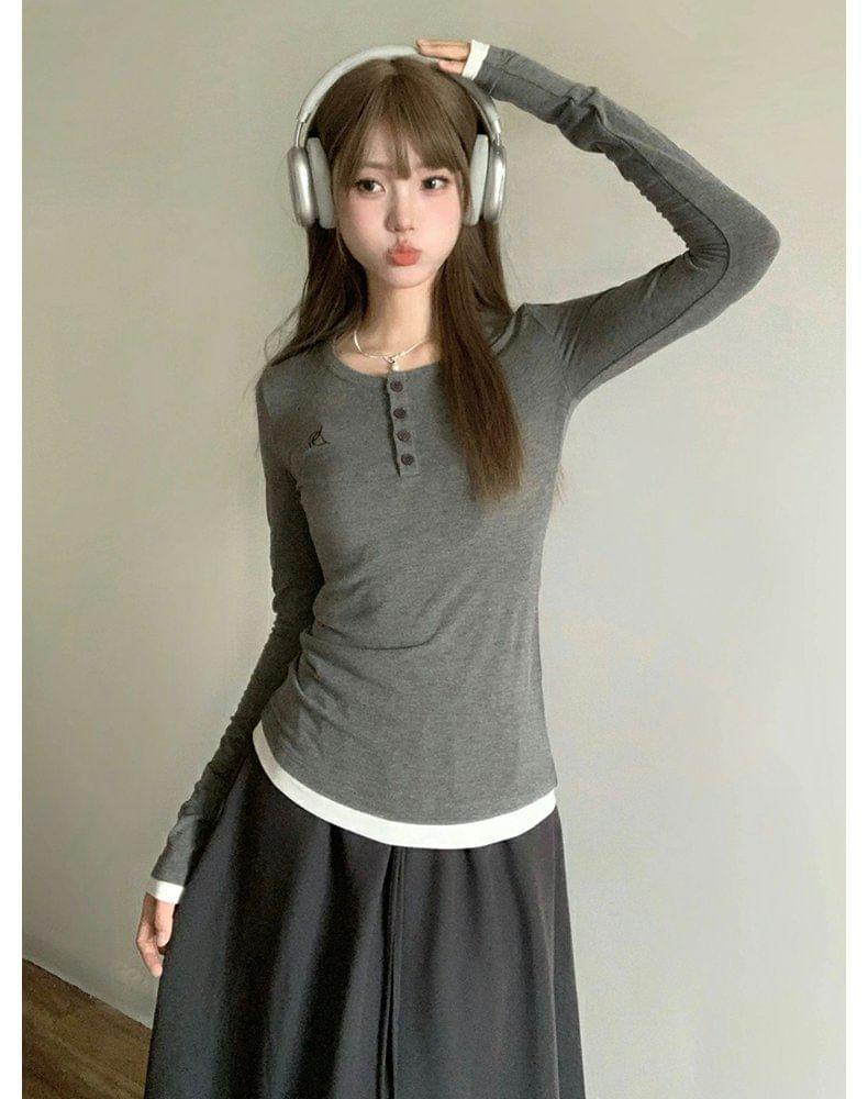 Mock Two-Piece Long-Sleeve Half Buttoned Plain Top Product Image