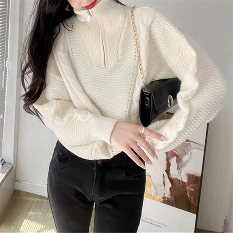 Turtleneck Half Zip Plain Cable Knit Sweater Product Image