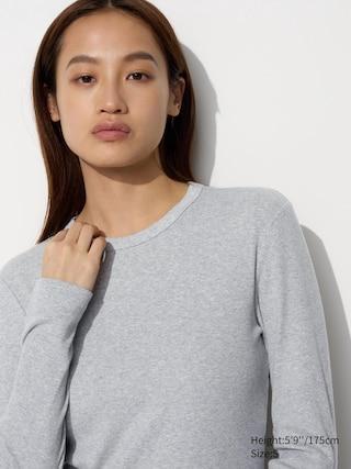 Womens Soft Ribbed Crew Neck Long Sleeve T-Shirt Gray XL UNIQLO US Product Image