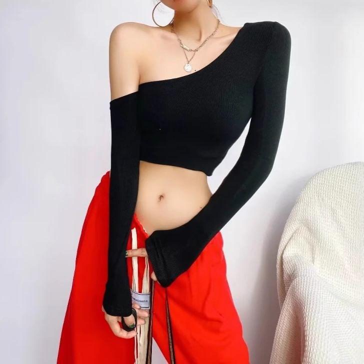 Long Sleeve One Shoulder Plain Crop Top product image