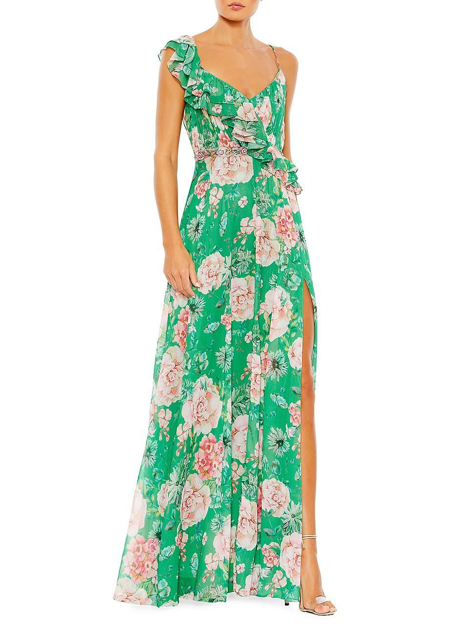 Womens Floral Ruffled Crepe Gown Product Image