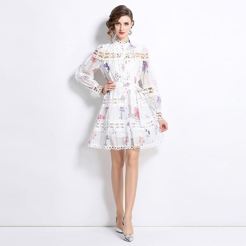 Long-Sleeve Band Collar Floral Cutout Button A-Line Dress Product Image