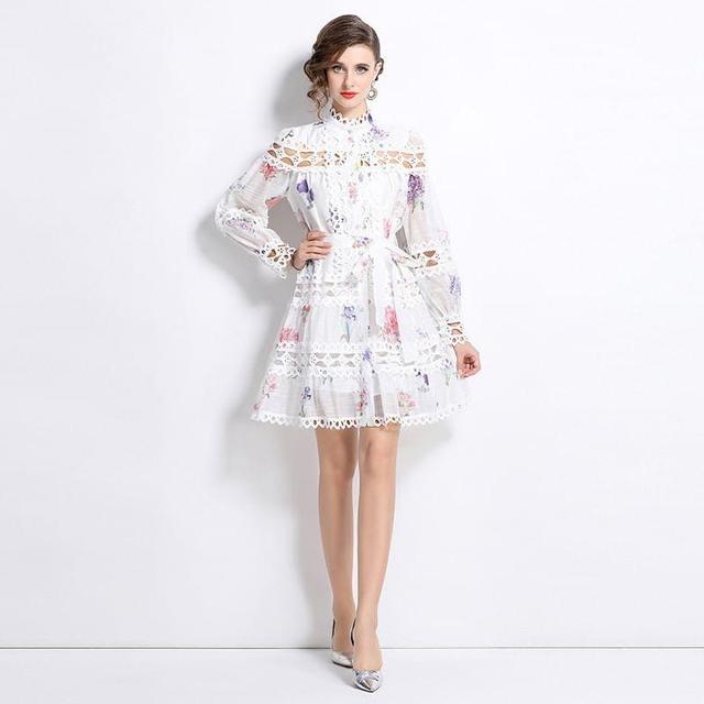 Long-Sleeve Band Collar Floral Cutout Button A-Line Dress Product Image