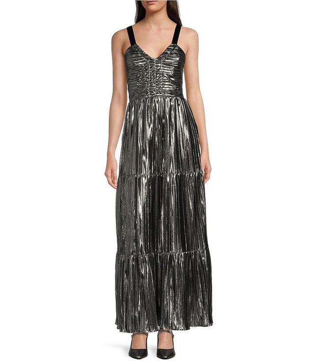 DKNY by Donna Karan Foil V-Neck Sleeveless Tiered Maxi Dress Product Image