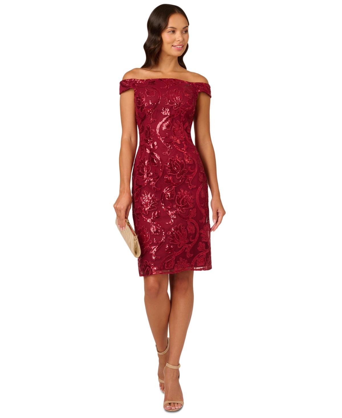 Adrianna Papell Womens Off-The-Shoulder Sequin Sheath Dress Product Image