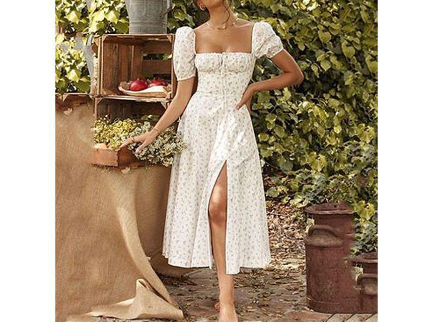 Short-Sleeve Square Neck Floral Print Slit Tie Front Maxi A-Line Dress Product Image