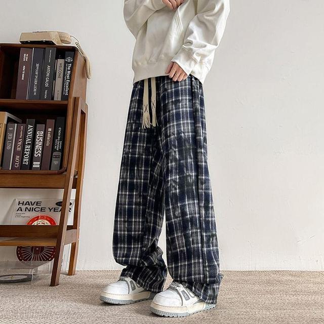 Mid Rise Plaid Wide Leg Pants Product Image