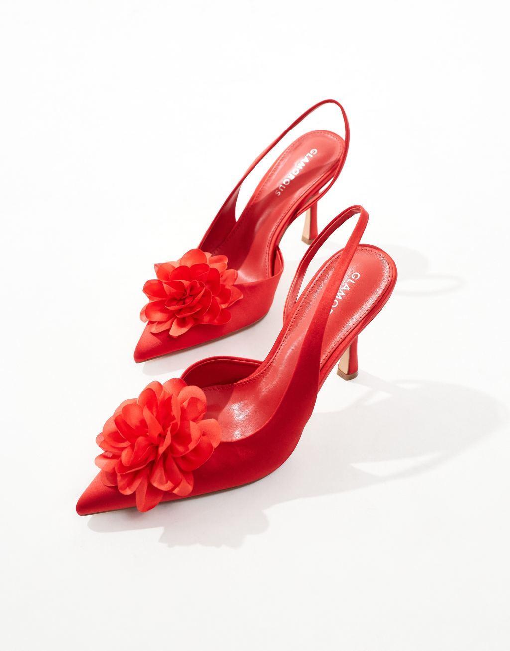 Glamorous slingback heeled shoes with flower in red Product Image