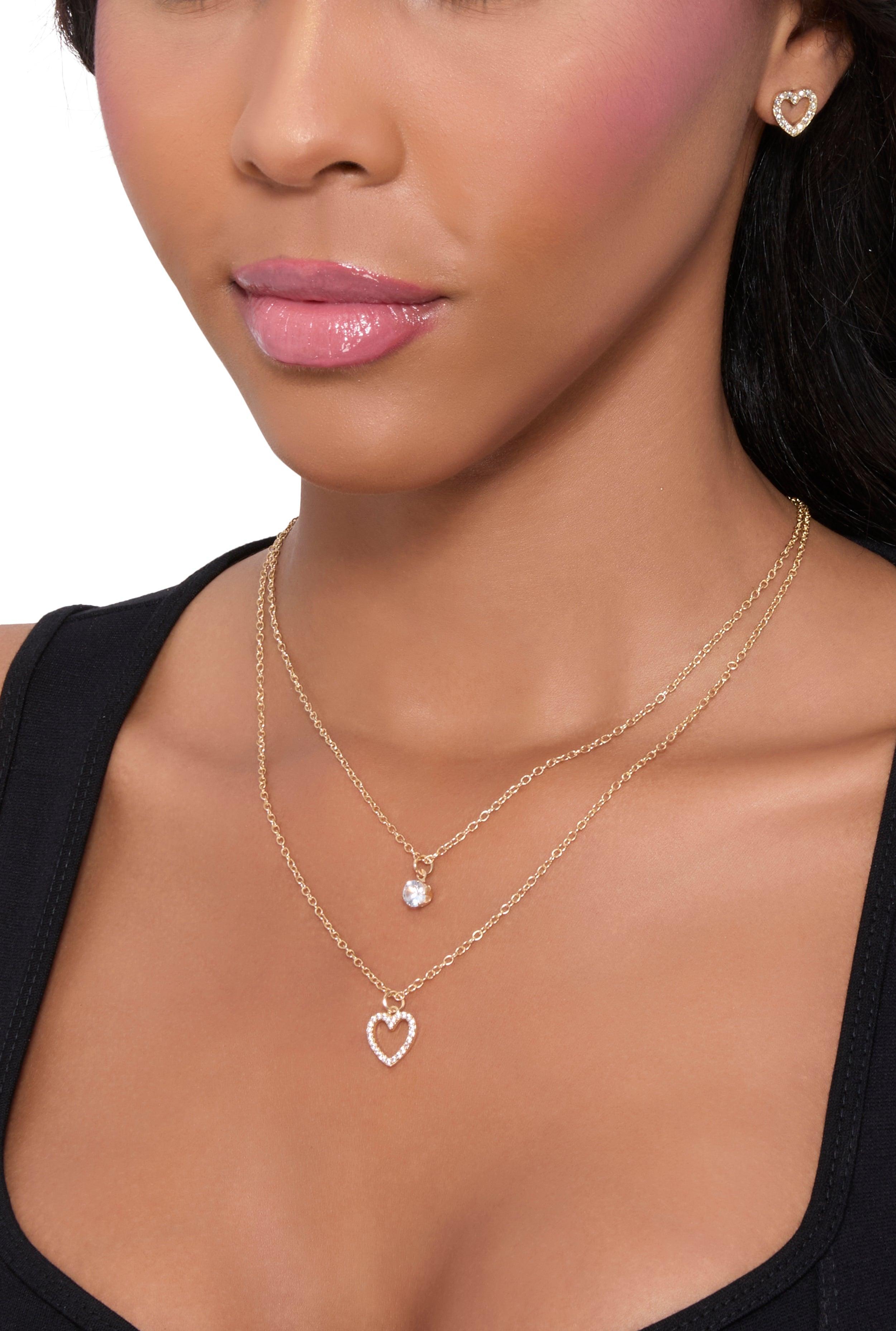 Womens Heart Charm Layered Necklace and Stud Earrings Set Product Image