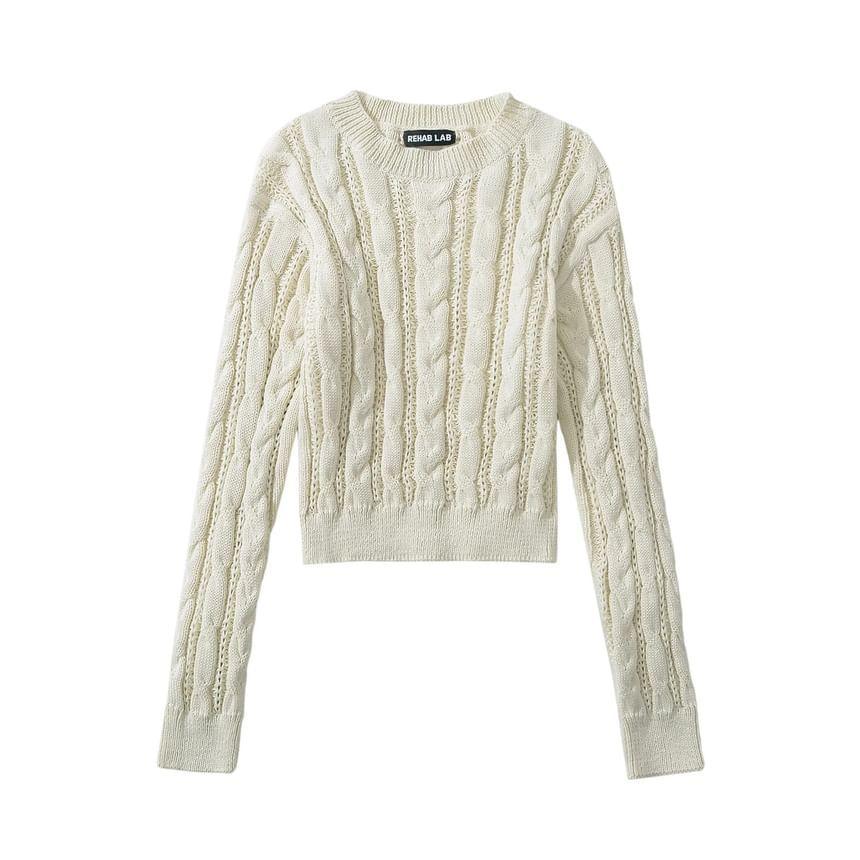 Crew Neck Plain Cable Knit Cropped Sweater Product Image