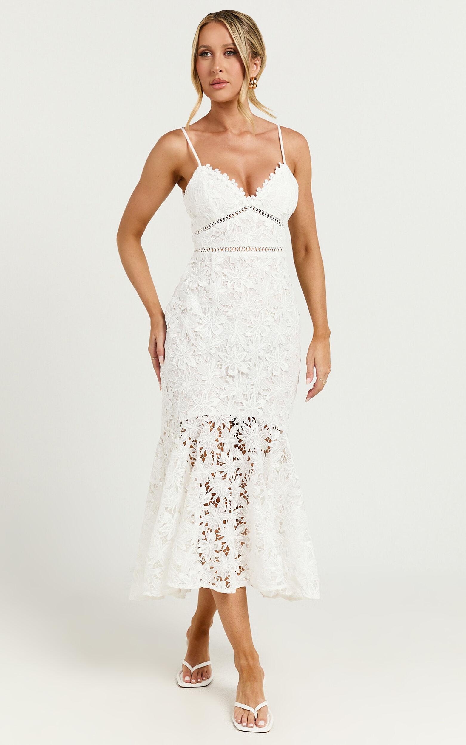 Aracely Midi Dress - Strappy Sweetheart Lace Mermaid Dress in White Product Image