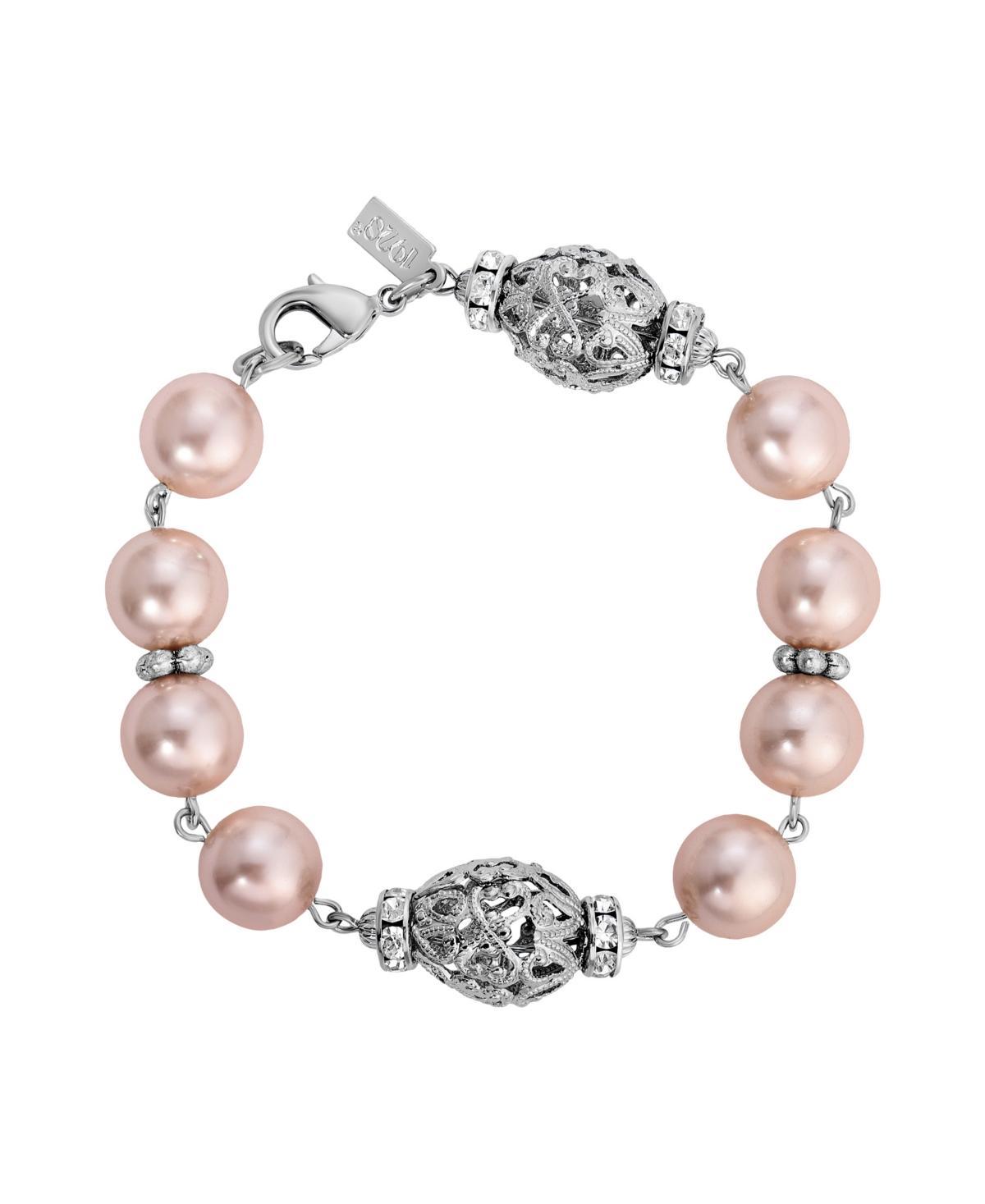 1928 Silver Tone Filigree Faux Pearl Bracelet, Womens, Pink Product Image