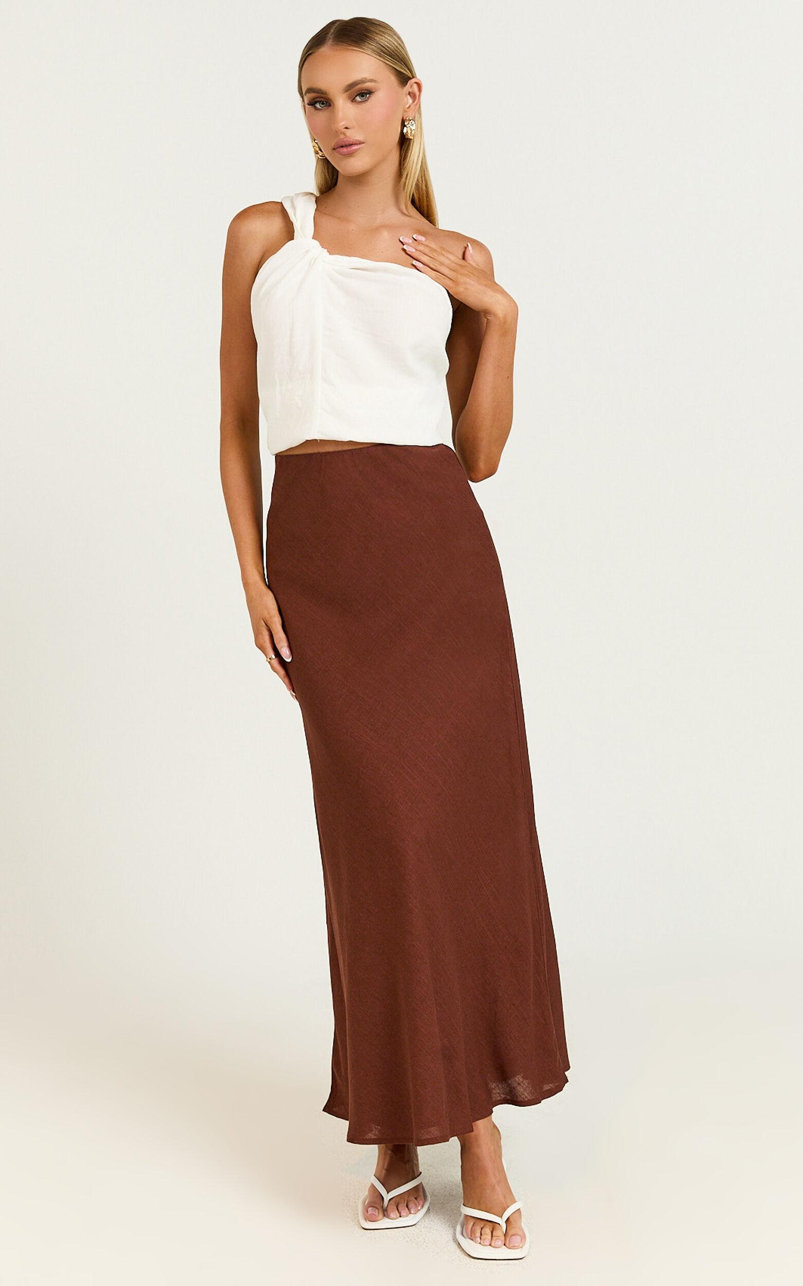 Collins Midi Skirt - Linen Look High Waisted Linen Look Bias Slip Skirt in Chocolate Product Image