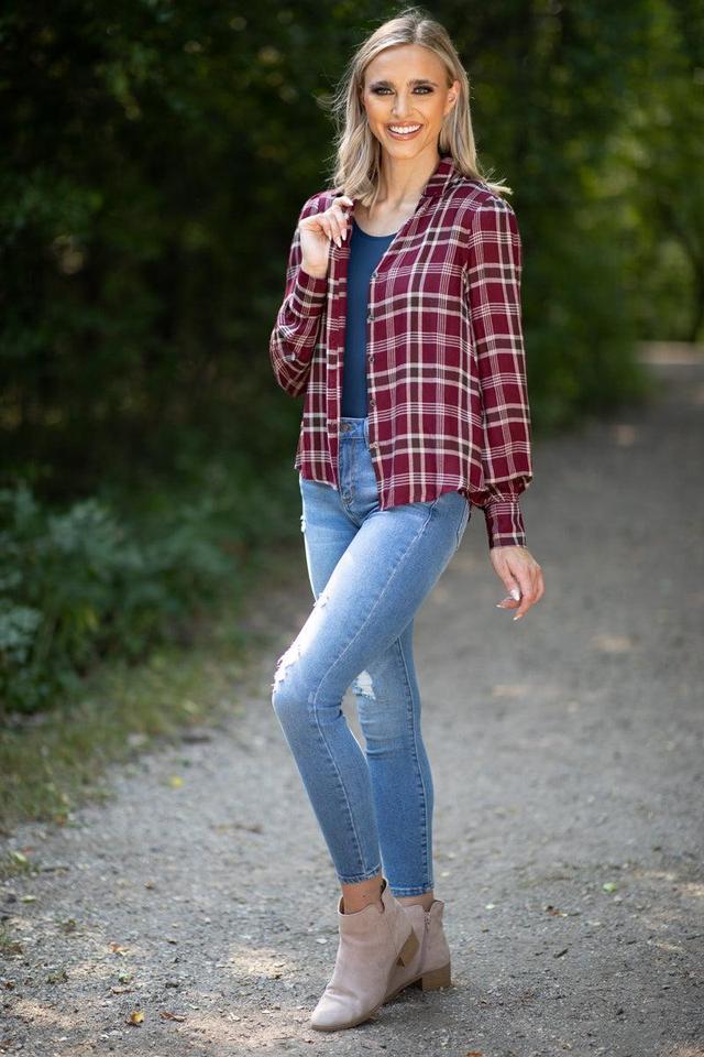 Burgundy and Beige Plaid Button Up Top Product Image