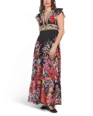 Long Sleeve Border Print Floral Maxi Dress for Women | Polyester/Spandex Product Image