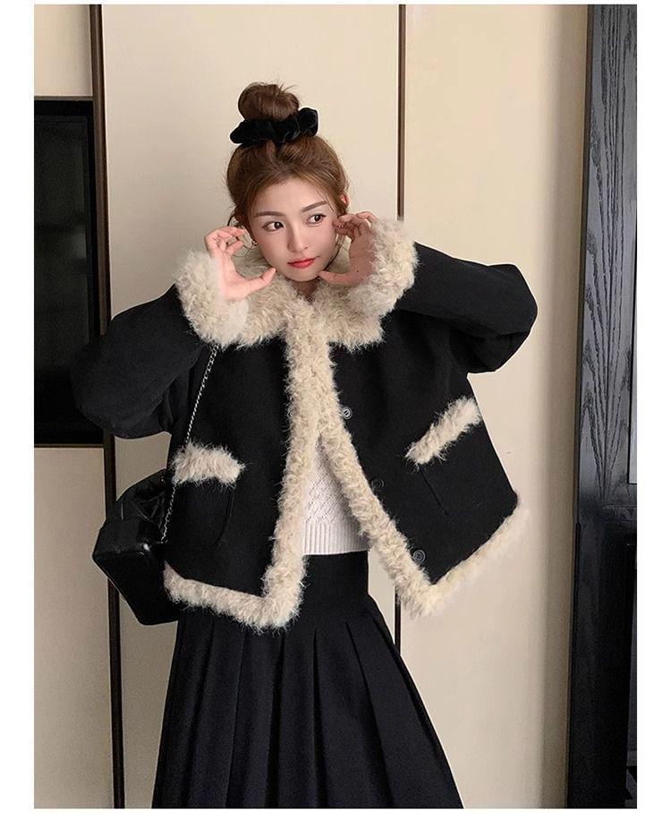 Collared Plain Fluffy Trim Coat Product Image