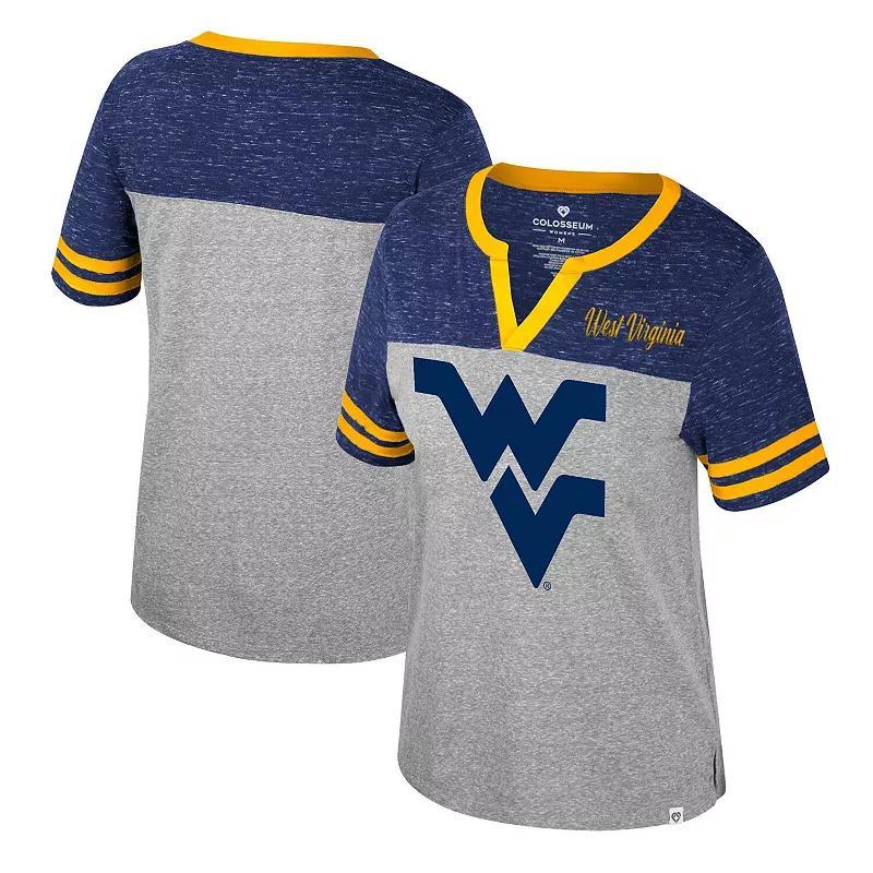 Womens Colosseum Heather Gray West Virginia Mountaineers Kate Colorblock Notch Neck T-Shirt Product Image