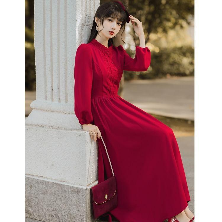 Long Sleeve Stand Collar Plain Button Panel Lace Maxi A-Line Dress Product Image