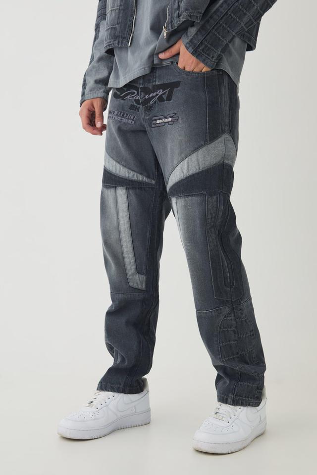 Mens Grey Straight Leg Moto Applique Jeans, Grey Product Image