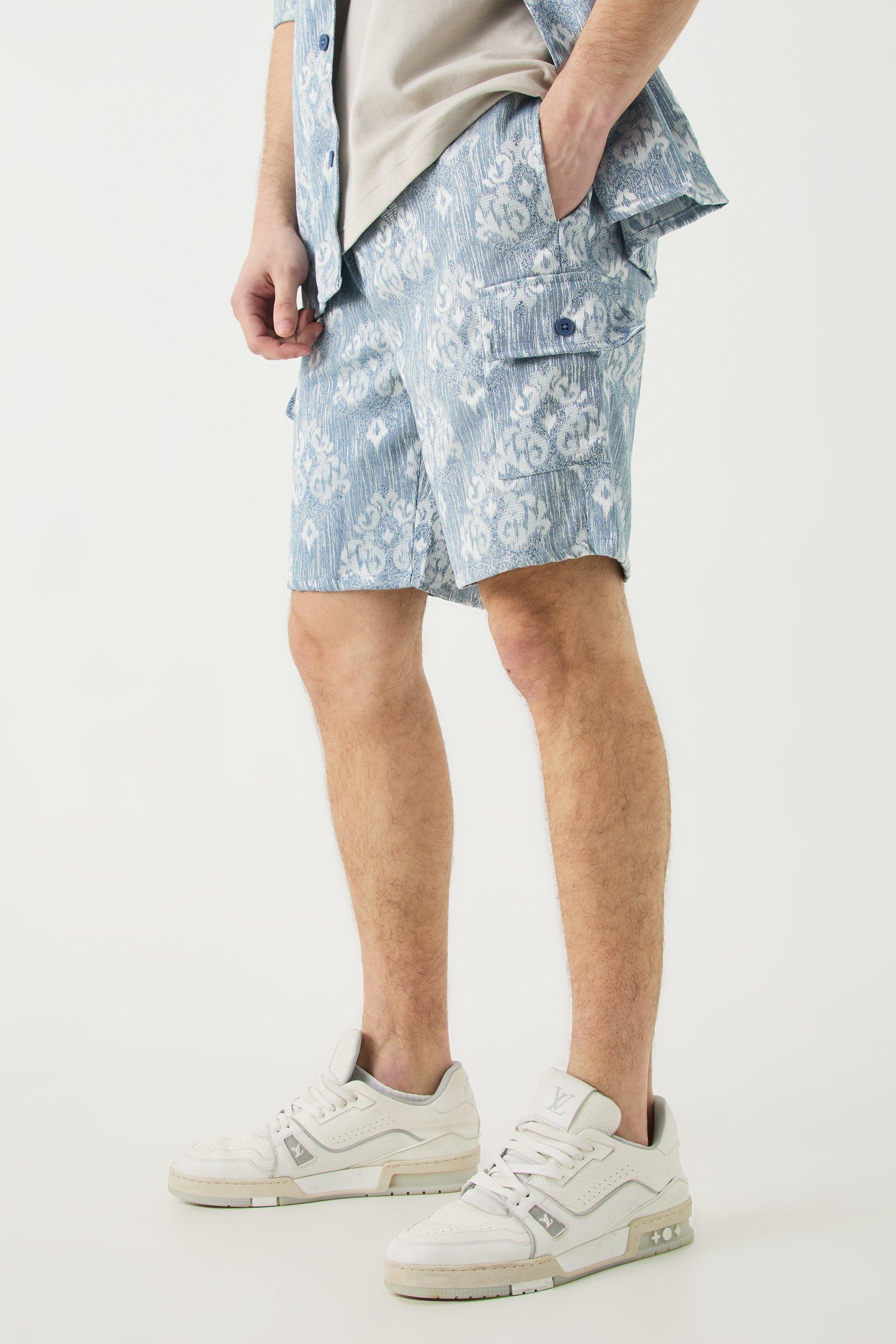 Tall Elasticated Waist Textured Cargo Short In Blue | boohooMAN USA product image