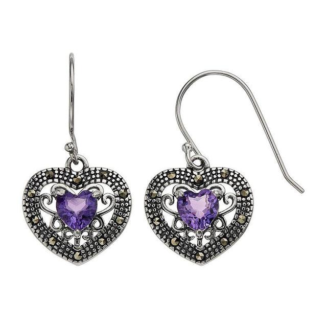 Tori Hill Sterling Silver Amethyst & Marcasite Heart Earrings, Womens Product Image