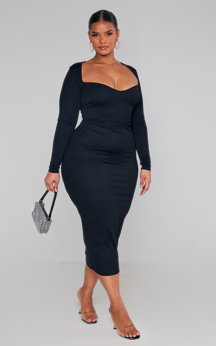 Plus Black Sweetheart Neck Long Sleeve Midi Dress Product Image