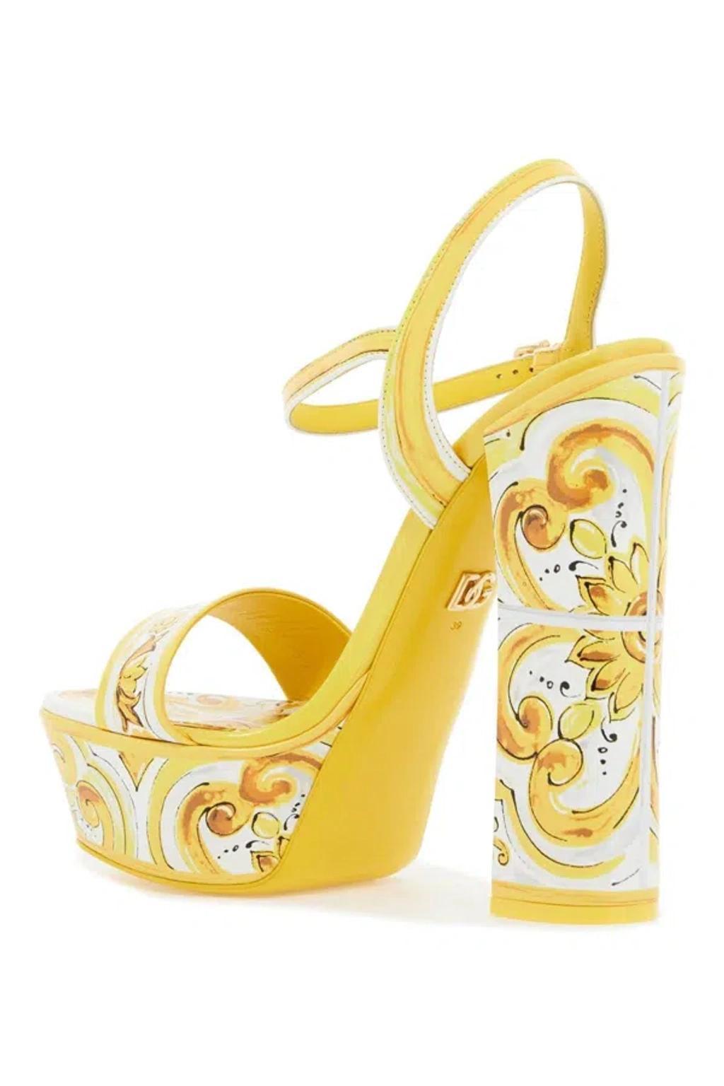 DOLCE & GABBANA Glossy Leather Platform Sandals With Adjustable Ankle Strap In Yellow Product Image