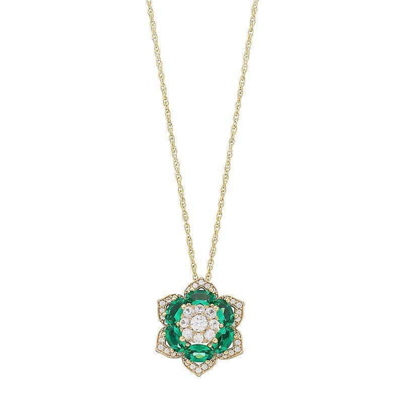 14k Gold Over Silver Lab-Created Emerald Flower Pendant Necklace, Womens Gold Tone Product Image