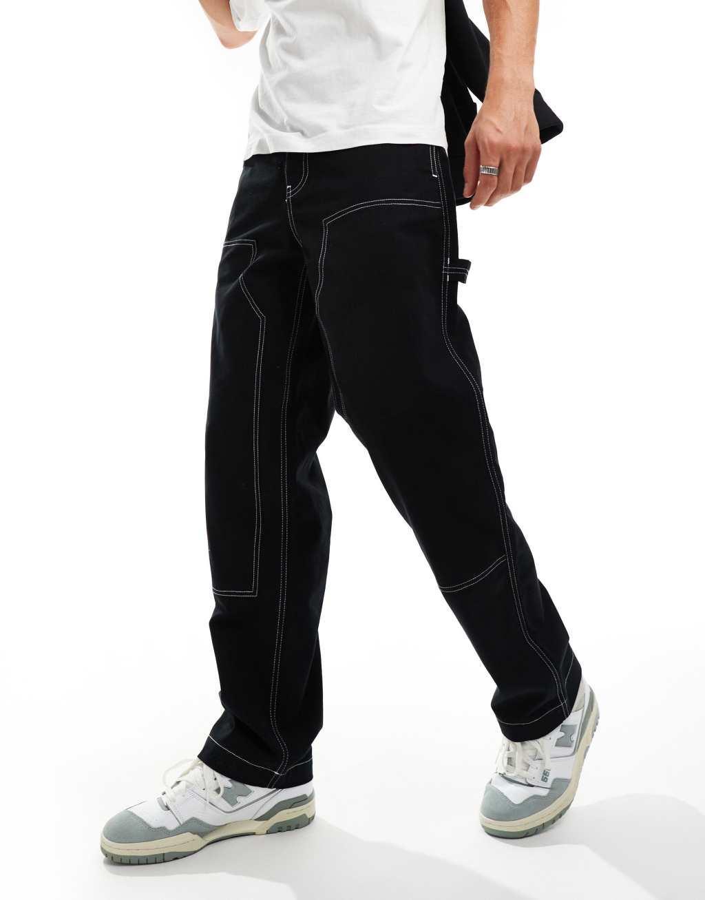 ASOS DESIGN baggy fit carpenter pants with contrast stitch in black product image