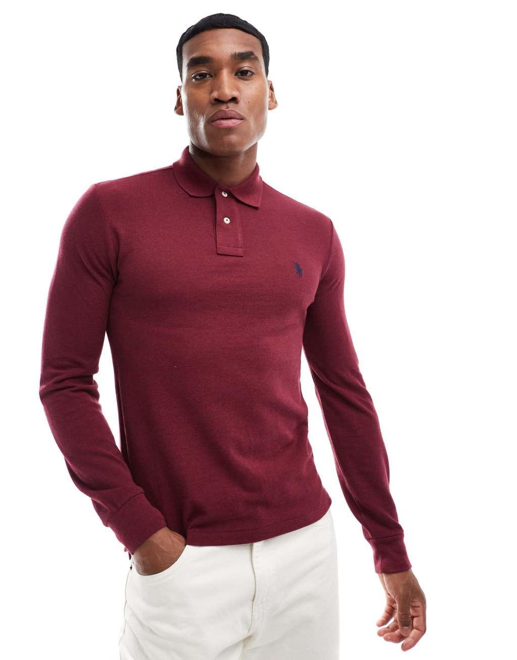 Polo Ralph Lauren icon logo slim fit long sleeve pique polo in burgundy heather Product Image