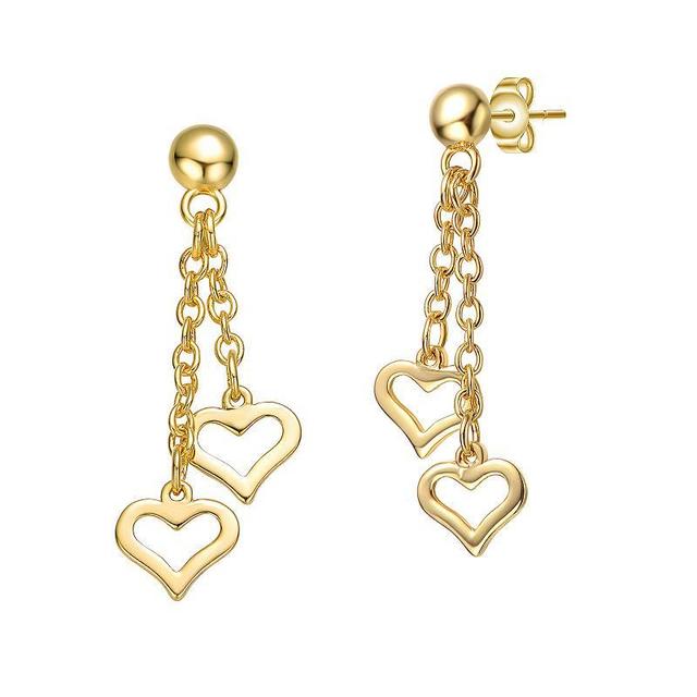 14k Gold Plated Double Heart Chain Drop Earrings, Womens, Yellow Product Image